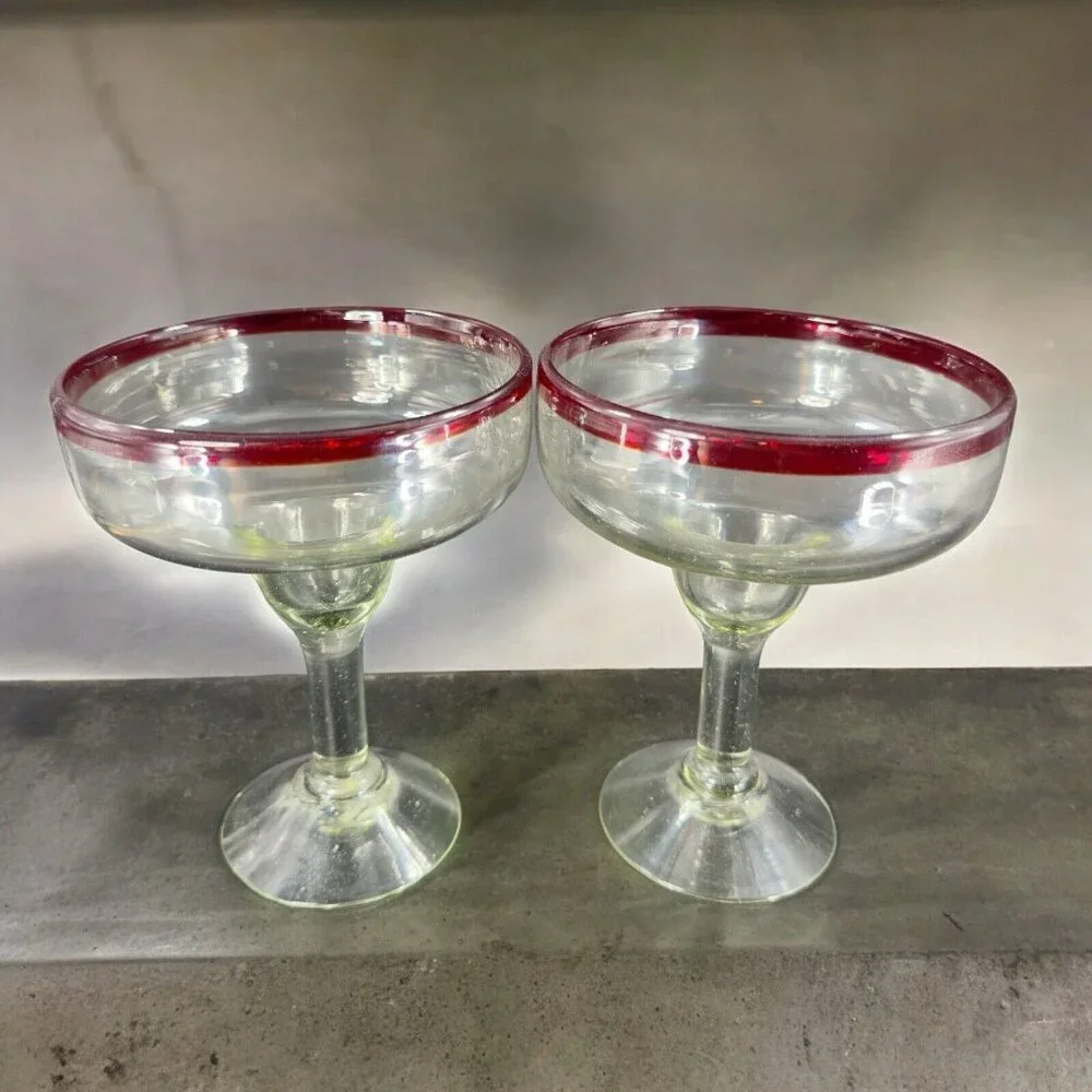 Hand Blown Clear Margarita Drinking Glasses Set 2 With Red Edges Hand Made Glass